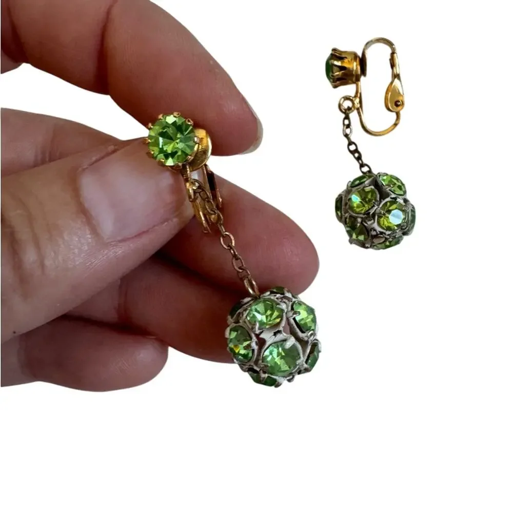 Green Rhinestone Gold Tone Dangle Earrings Clip On Vintage Classic
